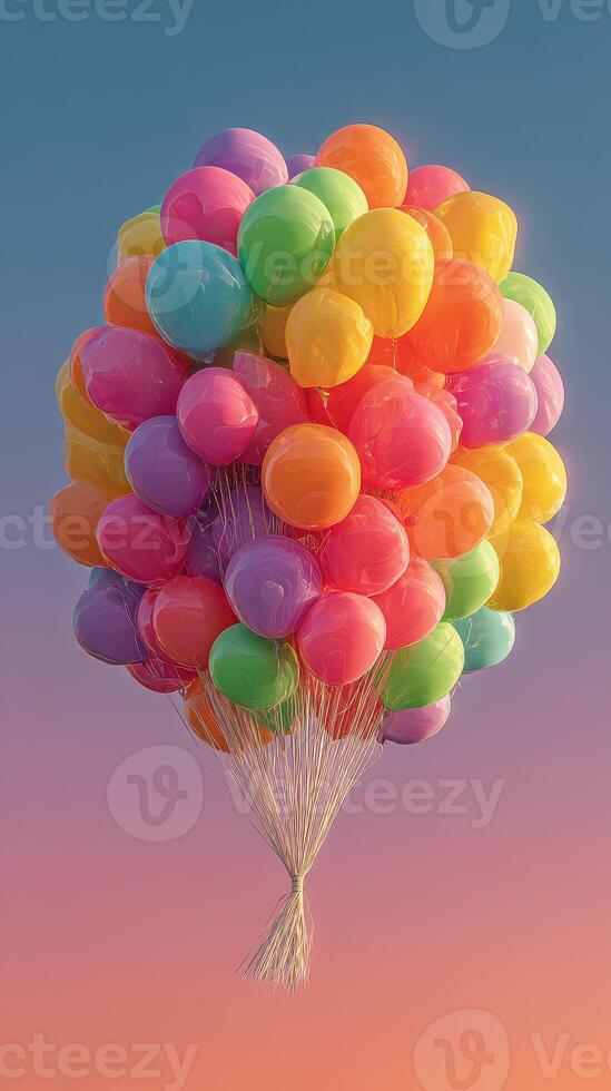 Colorful balloons float against a pastel sky during sunset, creating a whimsical and joyful atmosphere in a festive setting photo