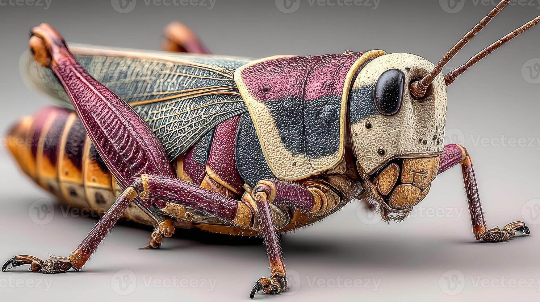 Close-up view of a colorful grasshopper in a studio setting showcasing intricate details photo