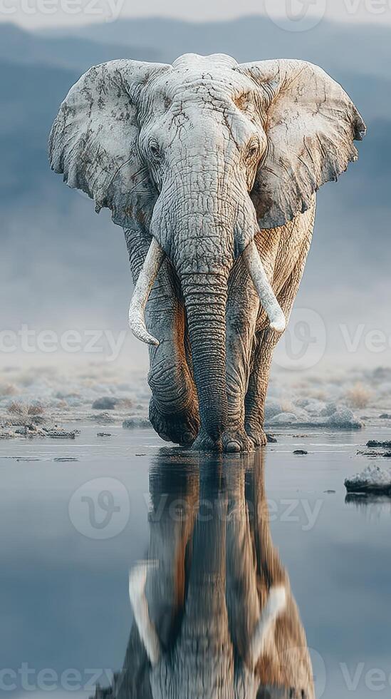 Elephant walks towards water at dawn in a serene landscape with mist and mountains in the background photo