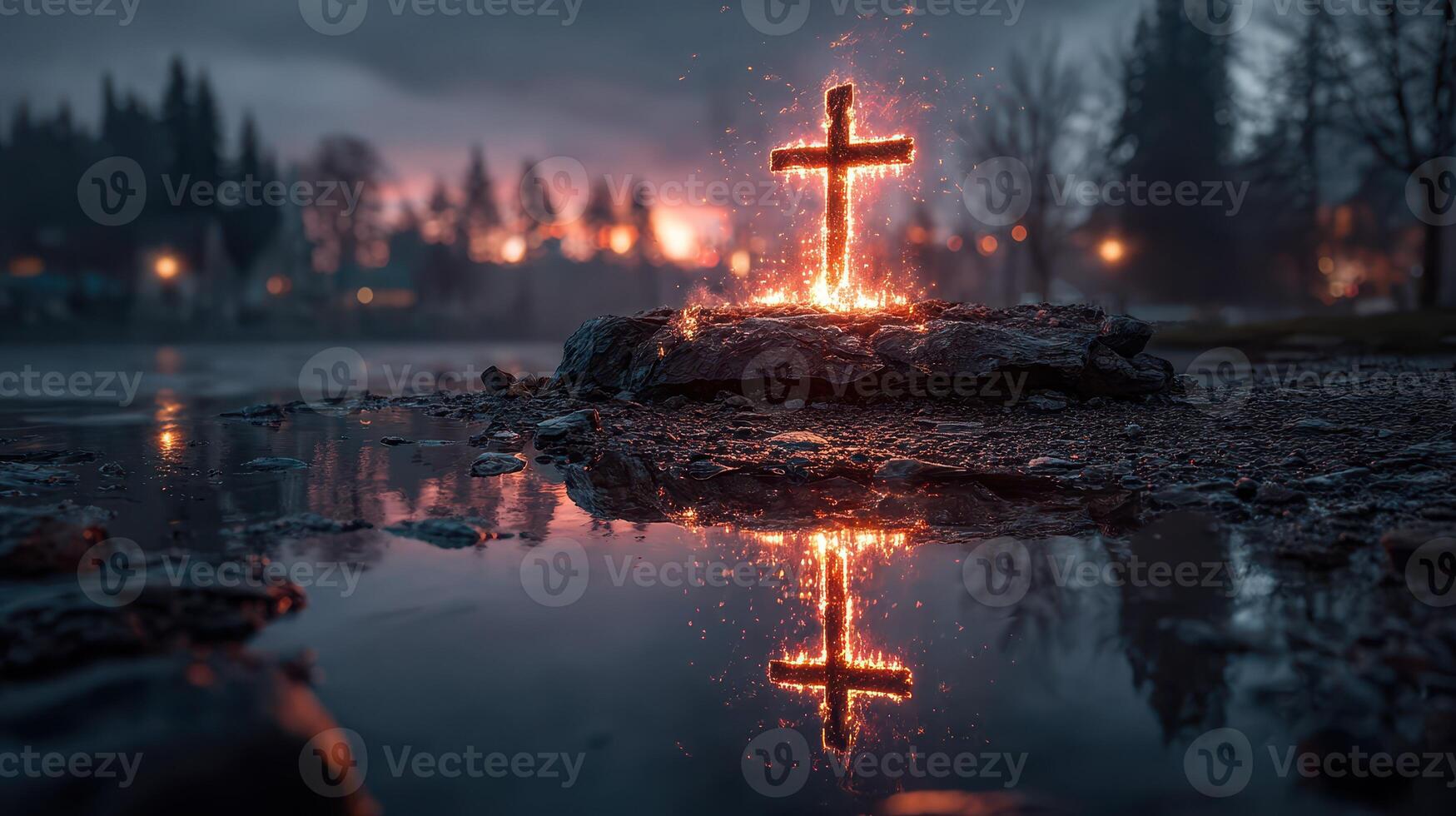 Burning cross illuminates serene lake landscape during twilight hours in a quiet forest setting photo