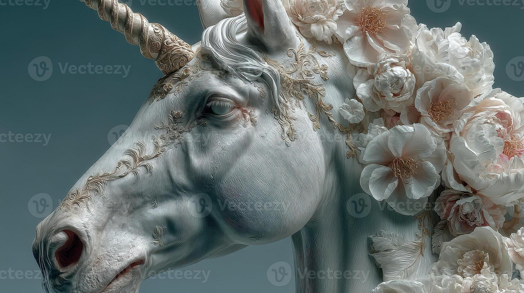 Sculpture of a unicorn adorned with flowers in a serene artistic display photo