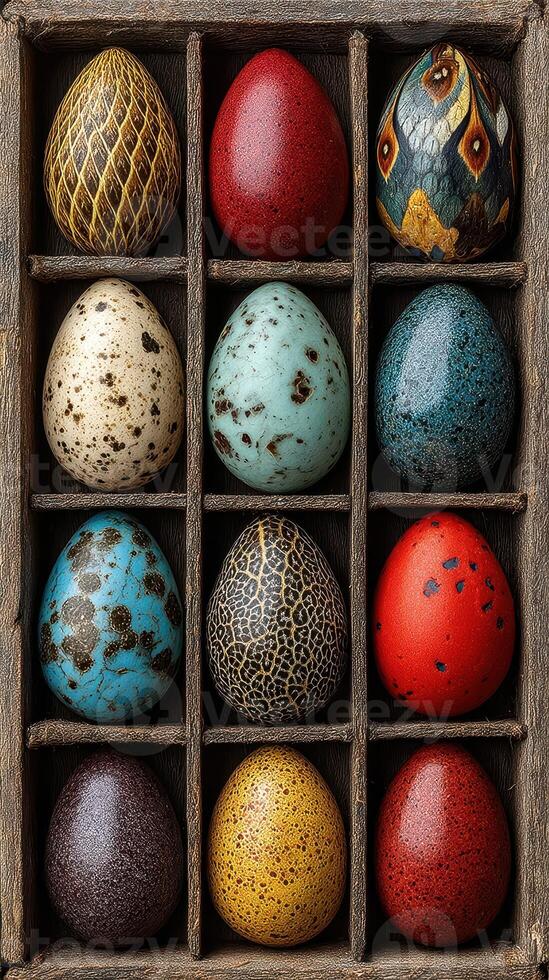 Beautifully decorated eggs arranged in a wooden crate showcasing vibrant colors and intricate patterns during spring celebration photo