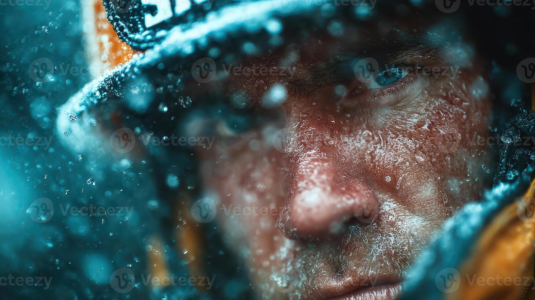 Close-up of a determined individual facing harsh winter conditions with snow and ice on their face while wearing protective gear outdoors photo
