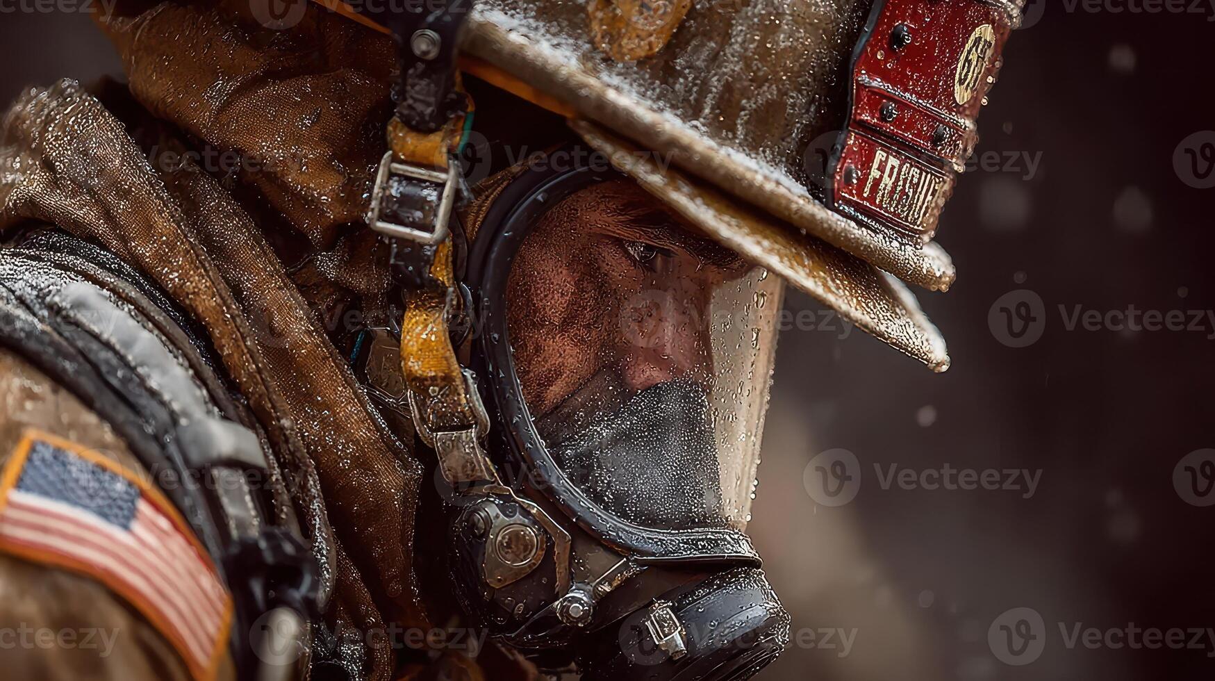 Brave firefighter prepares to tackle an intense blaze while wearing protective gear in adverse weather conditions photo