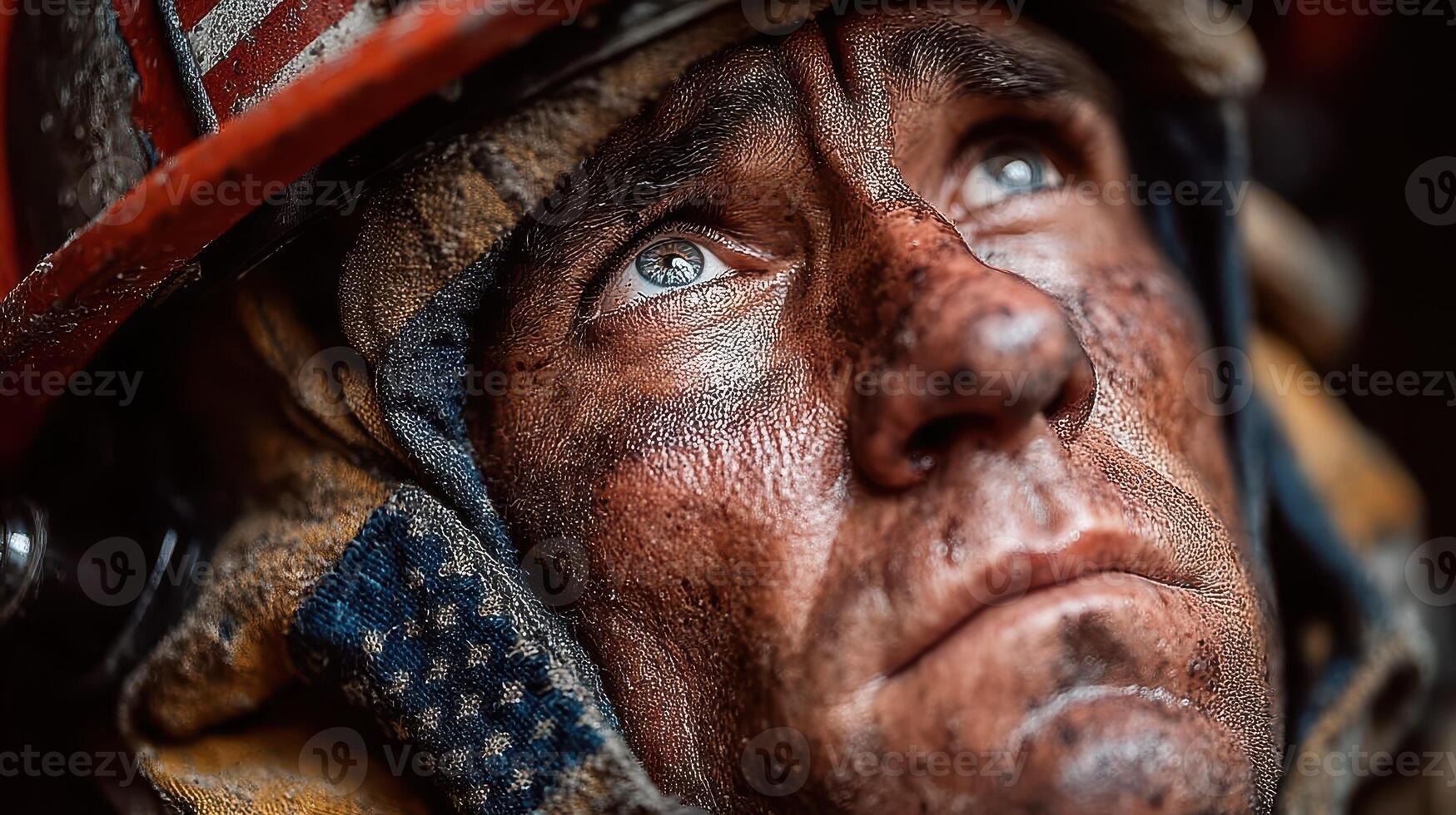 Firefighter gazes upwards amid ash and smoke after battling a fierce blaze in a city during the late afternoon photo