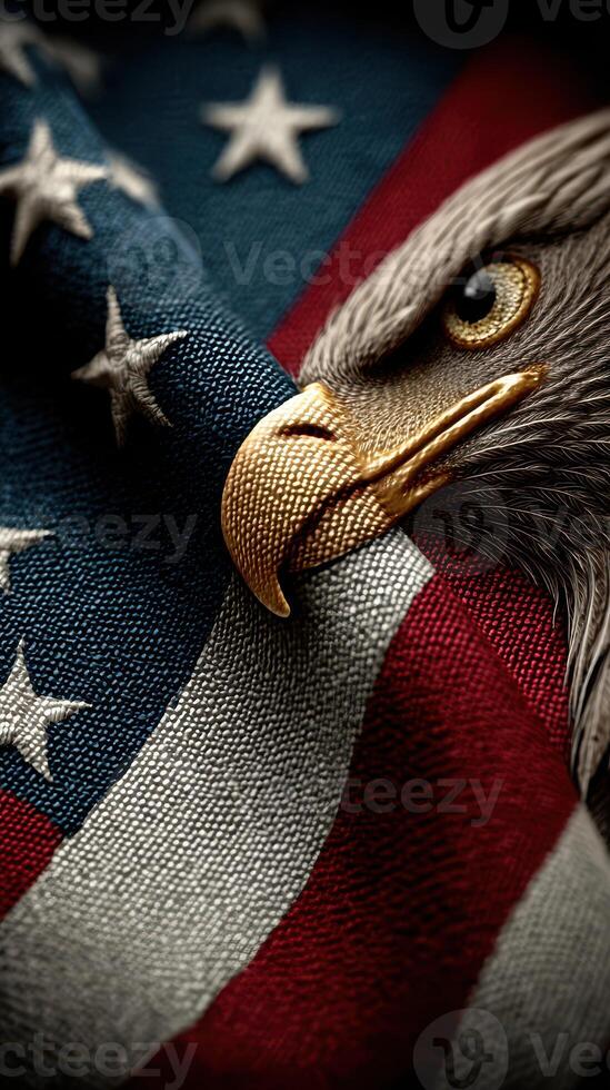 Eagle close-up over American flag showcasing patriotism and national pride in rich colors and textures photo