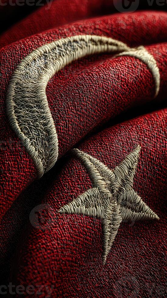 Close-up view of intricate embroidery on Turkish national flag showcasing rich details and craftsmanship photo