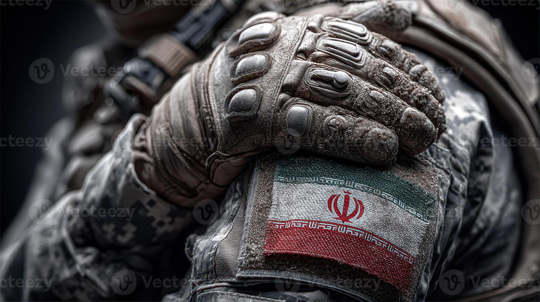 Soldier in tactical gear displays Iranian flag patch on arm during training exercise in outdoor setting photo