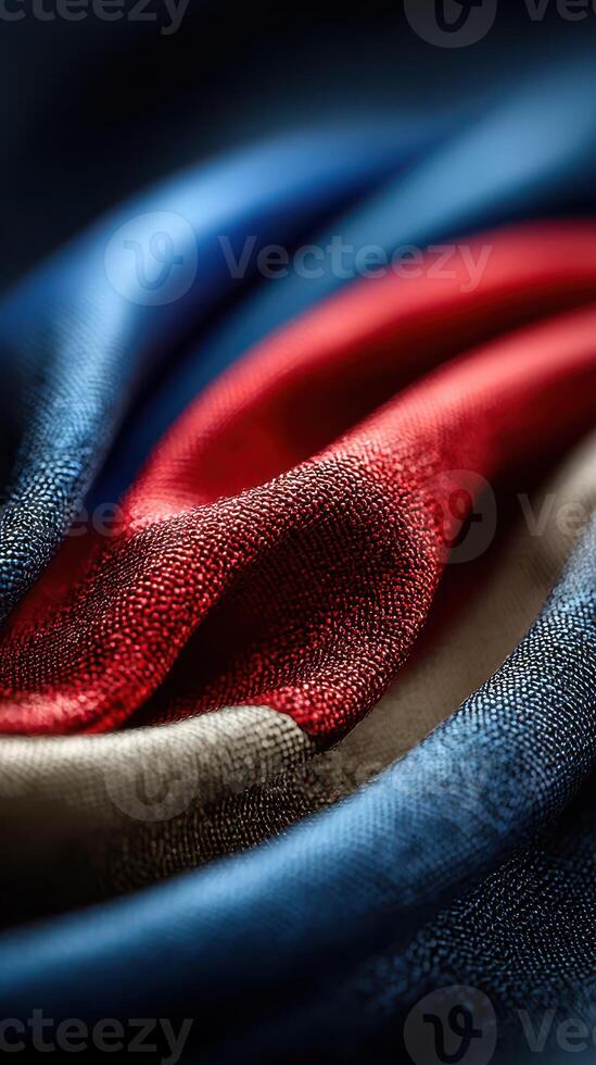 Close-up view of softly draped fabric in vibrant red, blue, and beige colors showcasing texture and sheen photo