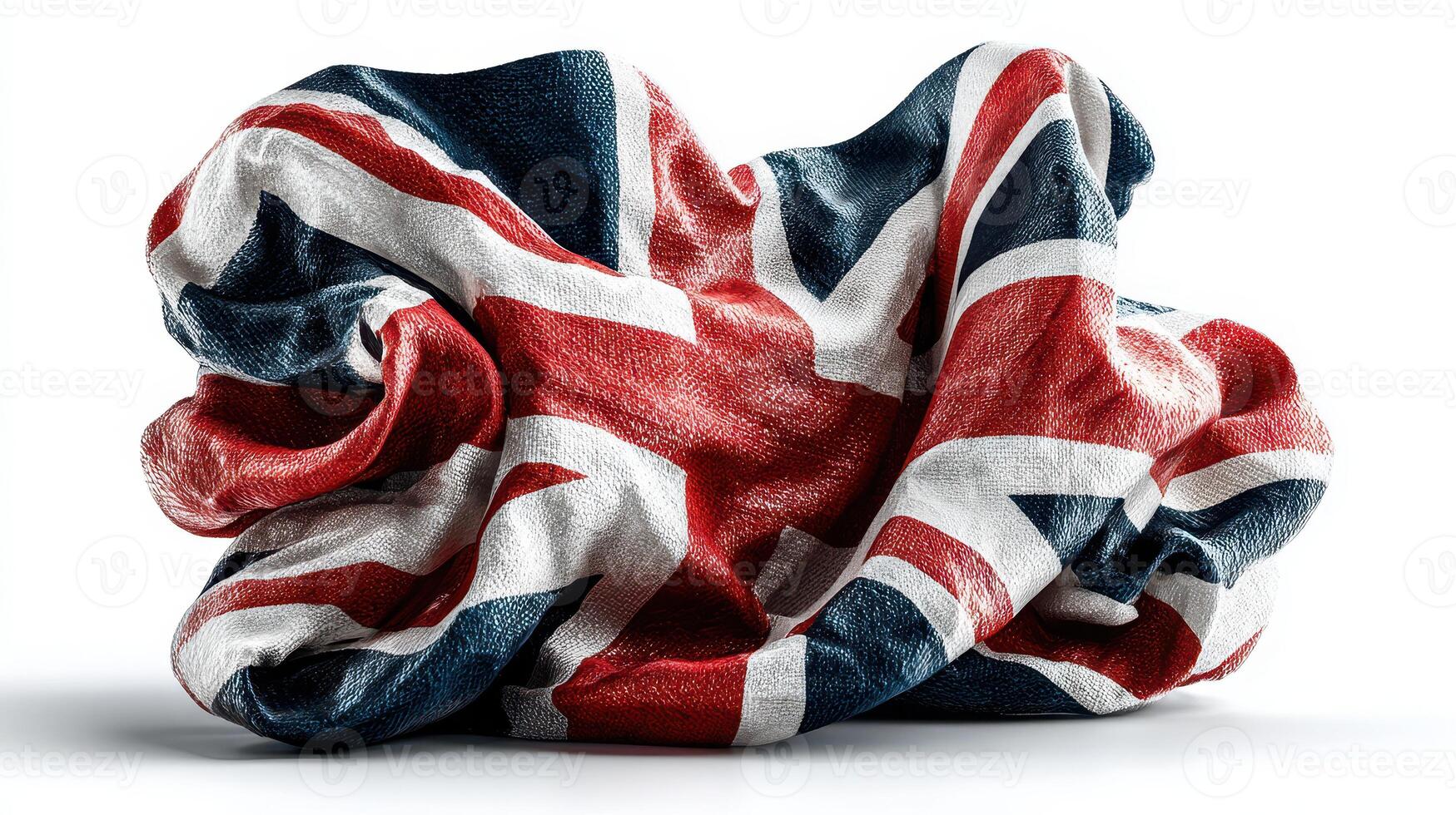Crumpled fabric showcasing the UK flag in vibrant colors and intricate design displayed against a white backdrop photo