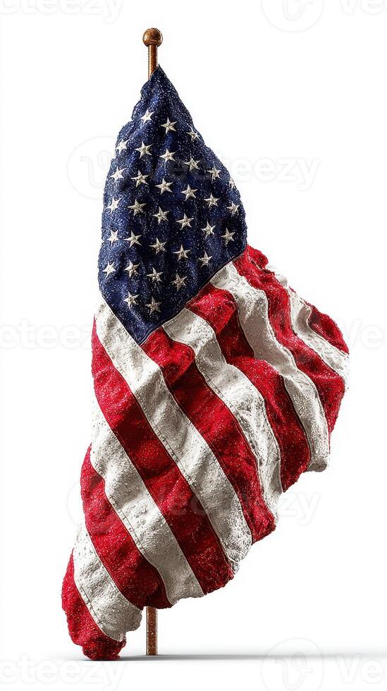Detailed texture of a worn American flag draped over a flagpole symbolizing patriotism and resilience in a bold artistic interpretation photo