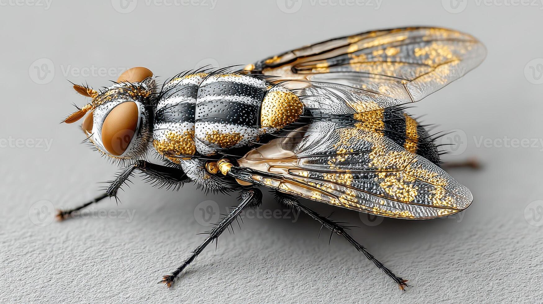 Close-up view of a beautifully patterned fly resting on a flat surface in soft light photo