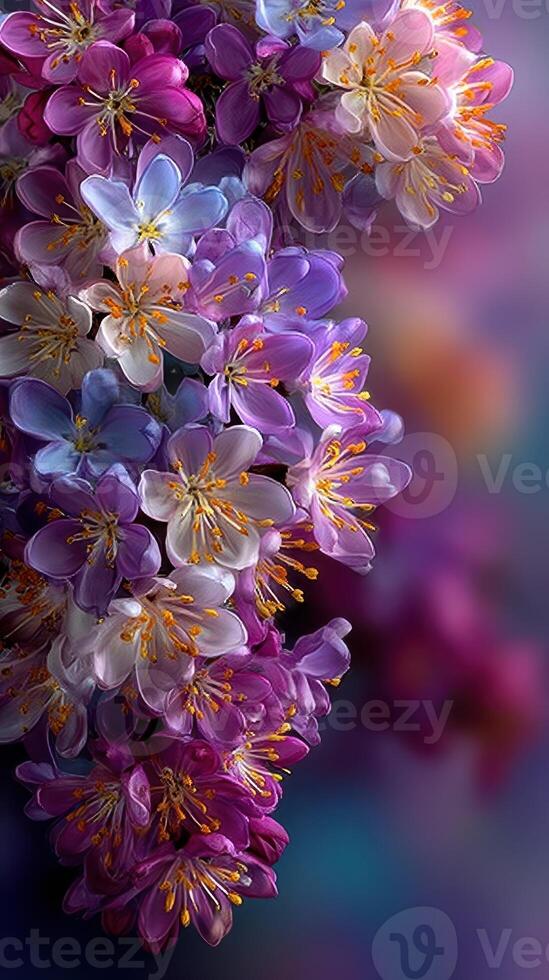 Vibrant cluster of blooming flowers with rich purple shades in a soft, blurred background during springtime photo