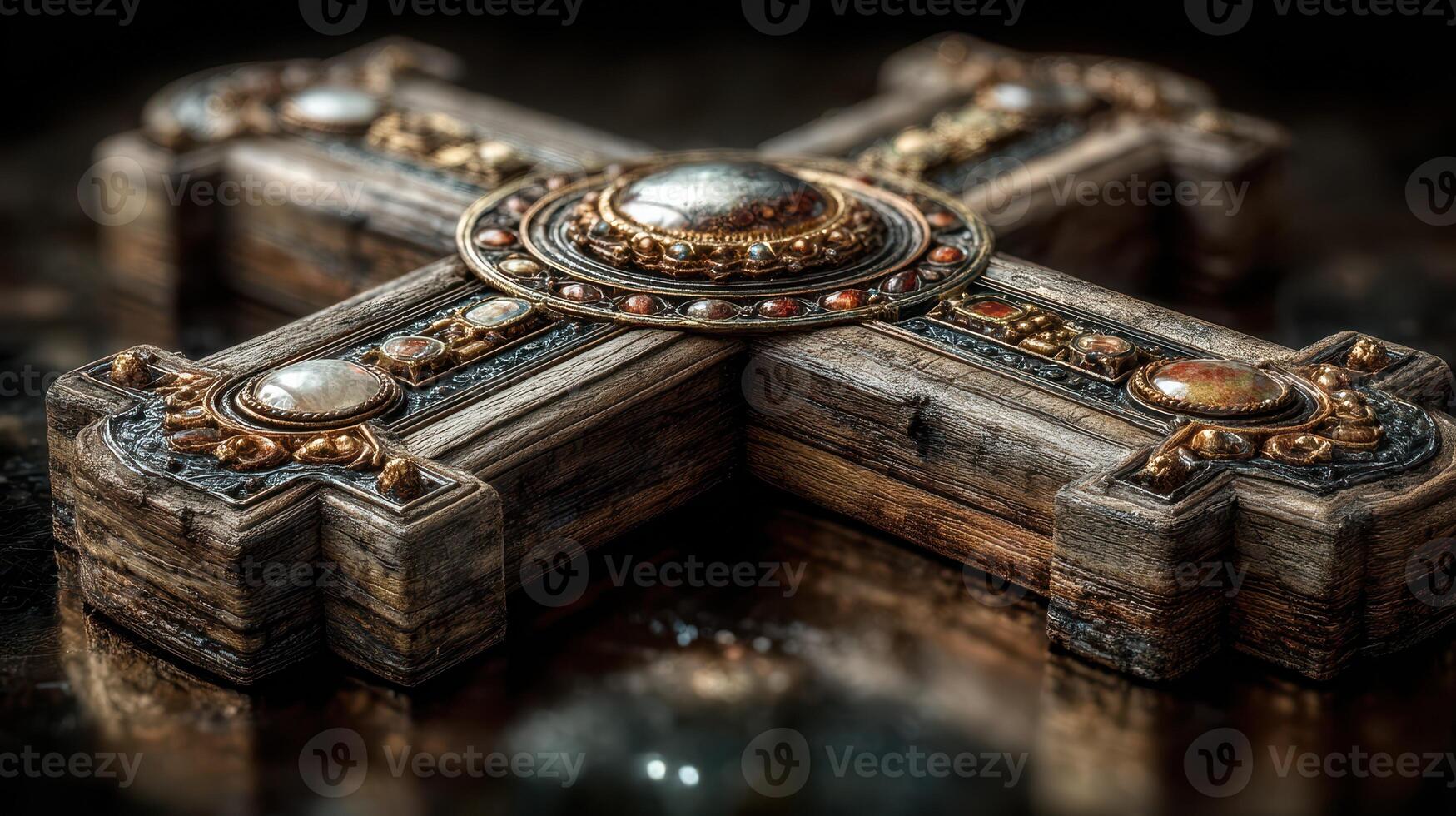 Ornate wooden cross crafted with intricate details and embellishments resting on a dark glossy surface in soft lighting photo