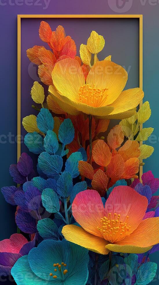 Colorful floral artwork featuring vibrant petals and leaves in an artistic display photo