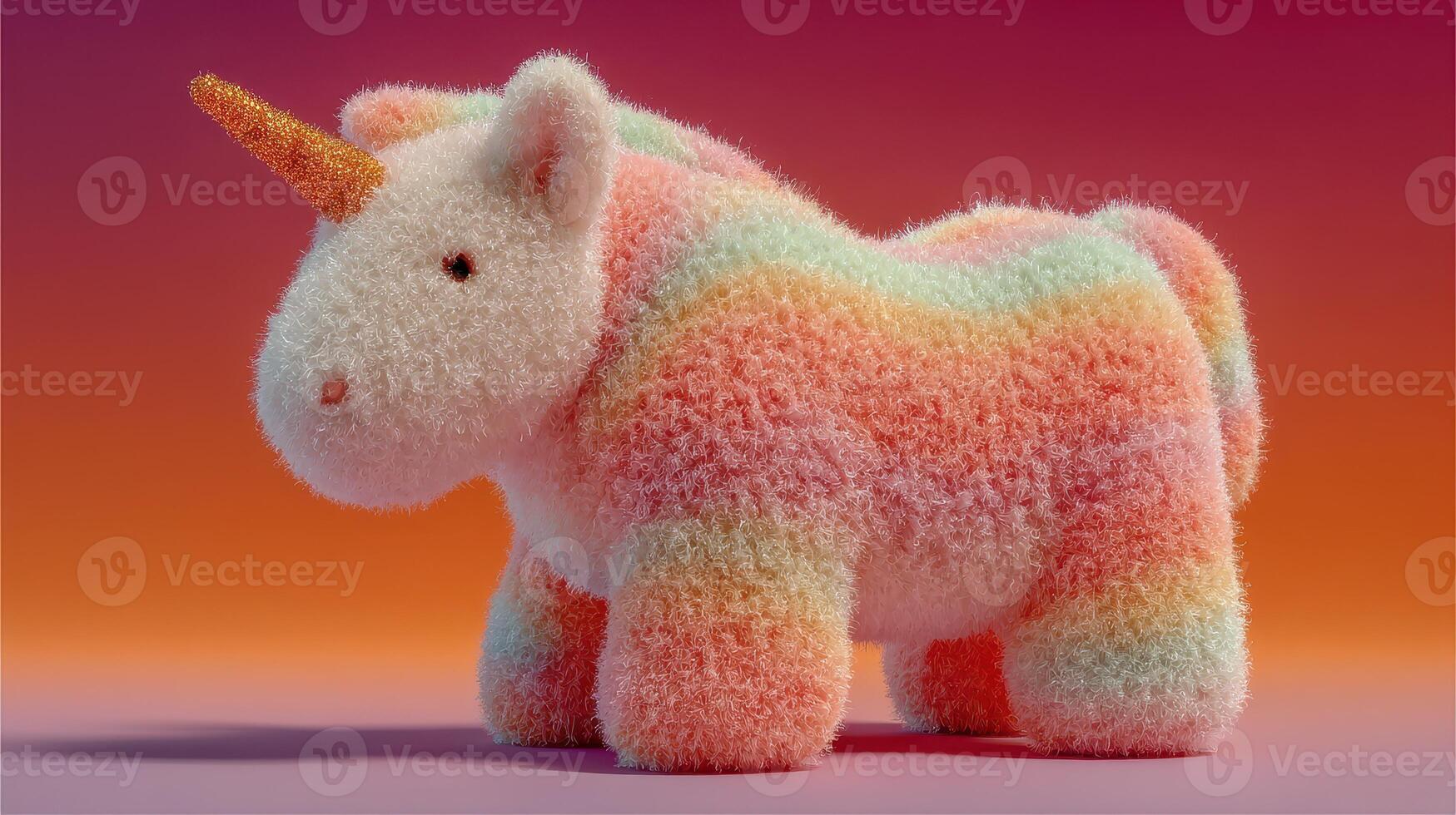 Colorful fluffy unicorn toy standing against a vibrant gradient background in a playful indoor setting photo
