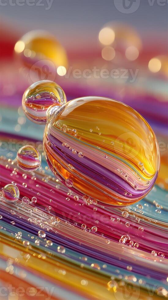 Colorful bubbles reflect light on vibrant background with rainbow stripes creating an artistic and playful atmosphere photo
