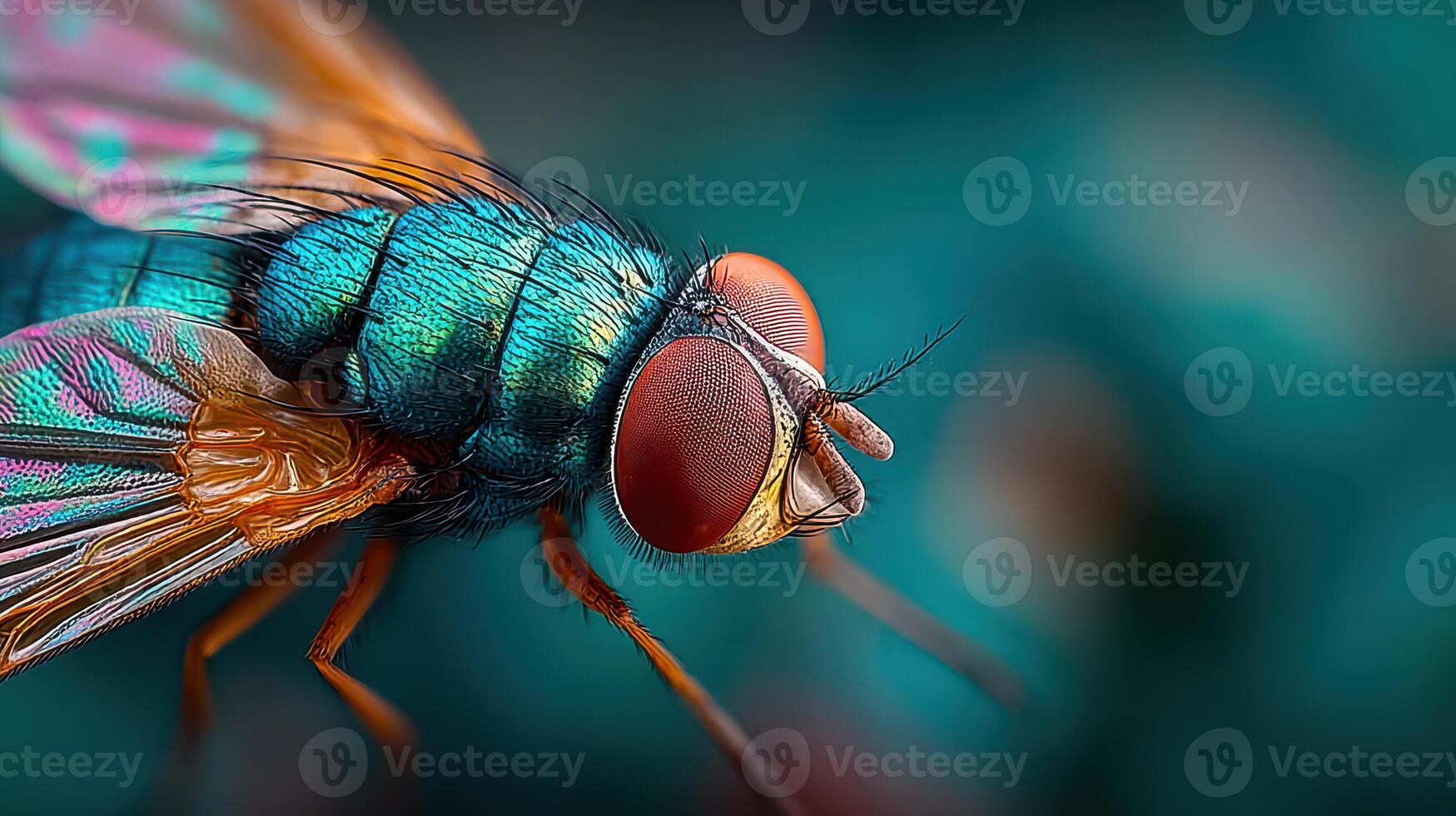 Colorful close-up of a blue fly on a blurred background showcasing intricate details in a vibrant setting photo
