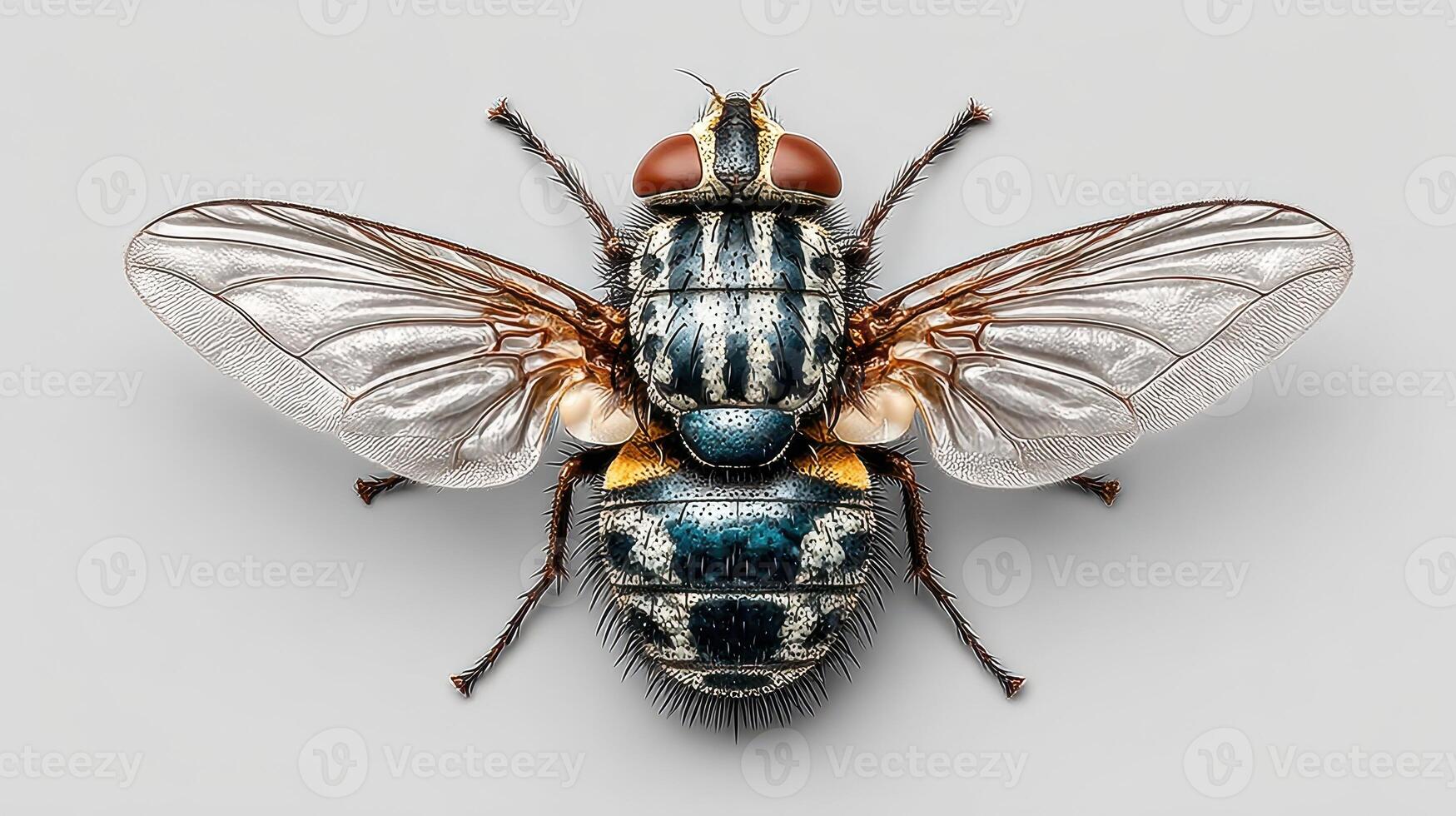 Detailed view of a fly showcasing intricate wing patterns and unique body features in a studio setting under bright lighting photo