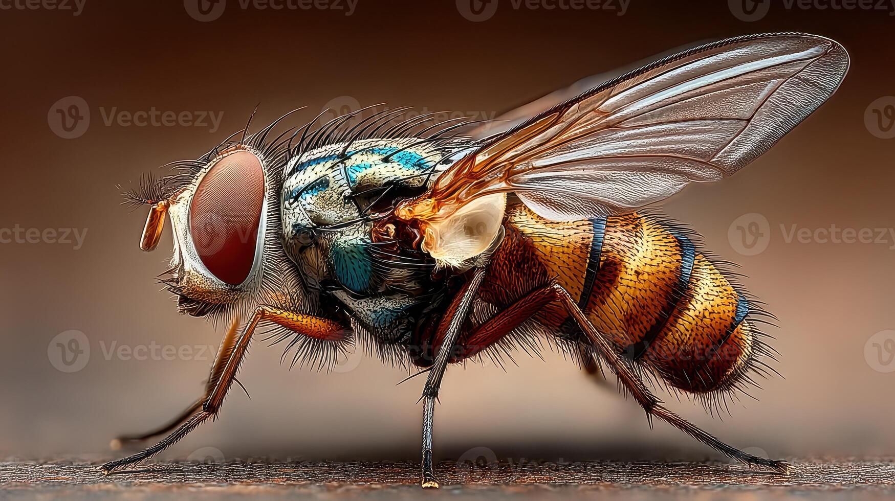 Close-up view of a colorful fly resting on a surface during daylight showcasing intricate details of its body photo