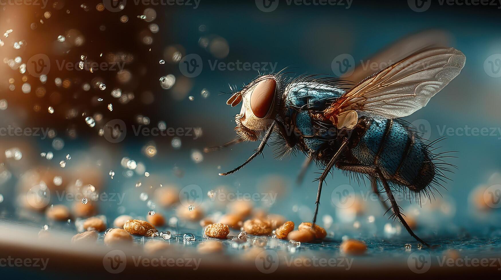 Close-up view of a fly collecting food particles with water droplets glistening in the background during daylight photo