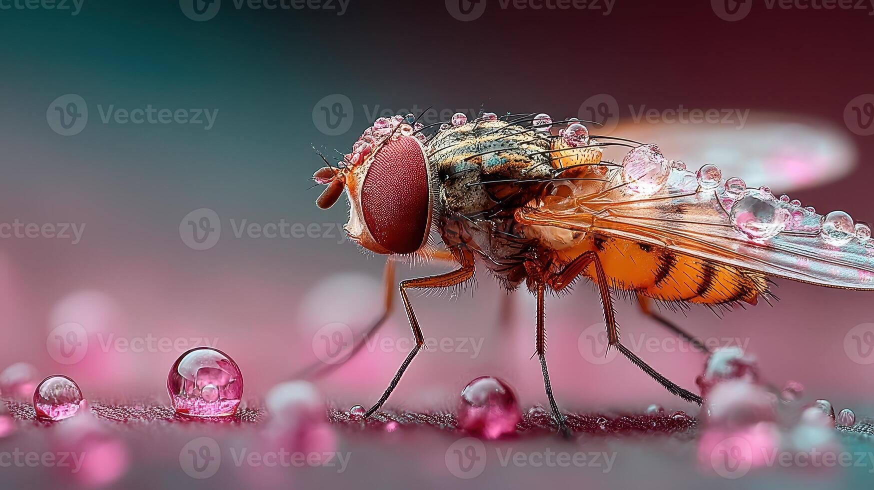 Close-up view of a fly covered in dew drops on a colorful surface in the early morning light photo