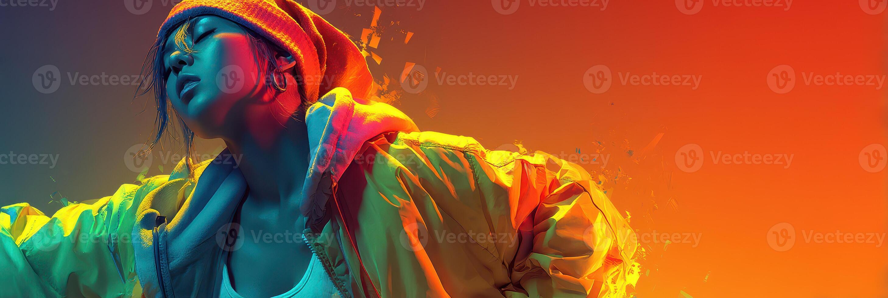 Vibrant dance performance by a stylish dancer in an urban setting during sunset photo