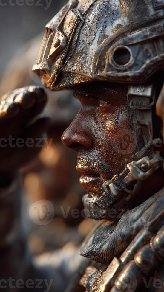 Soldier saluting during a military ceremony at sunset in an outdoor environment highlighting dedication and discipline photo