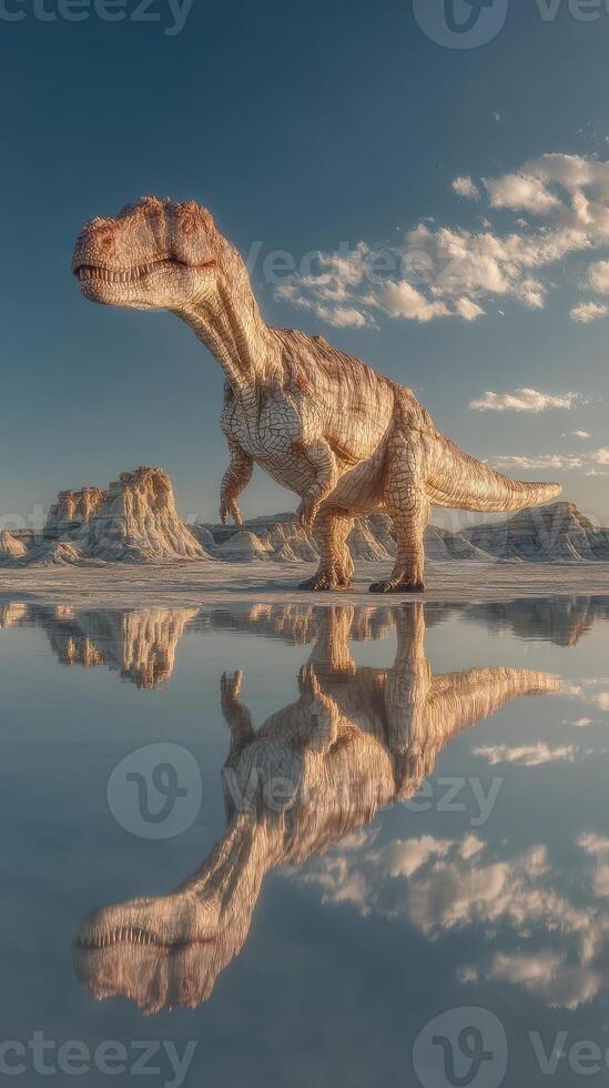 Lifelike dinosaur sculpture stands in reflective shallow water under a clear sky at golden hour in a desert landscape photo