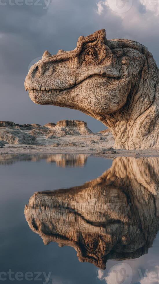 Dinosaur sculpture emerges from calm waters at sunset in a surreal landscape photo