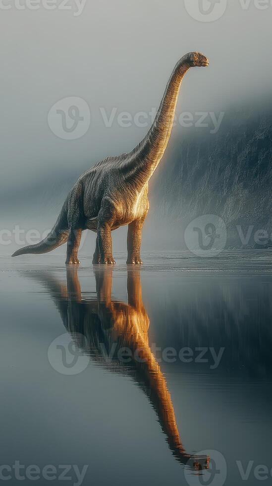 Dinosaur stands majestically on a misty shoreline with reflections in calm water during early morning light photo