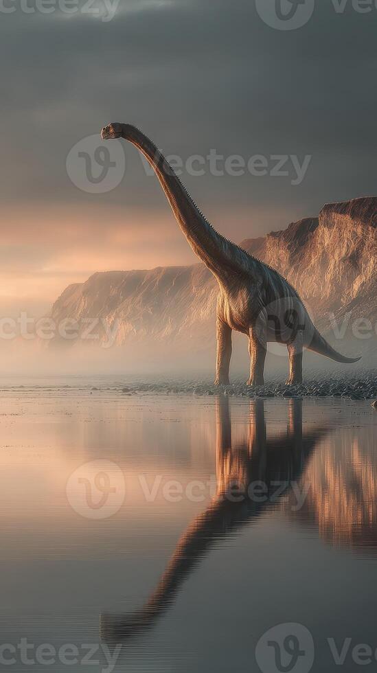 Dinosaur stands majestically near the shore at sunrise, reflecting on calm waters with cliffs in the background photo