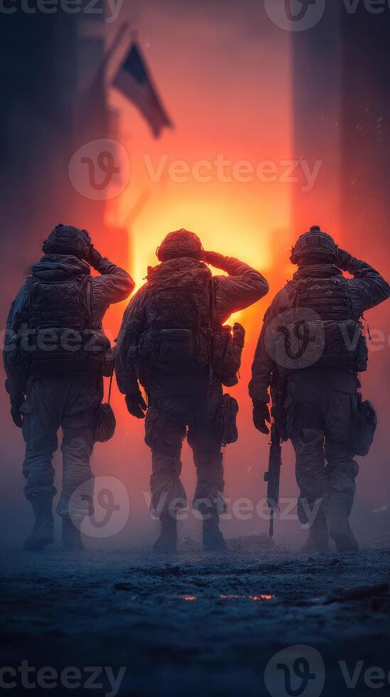 Soldiers salute during sunset in a war-torn city as honor fills the air with a poignant sense of sacrifice and duty photo