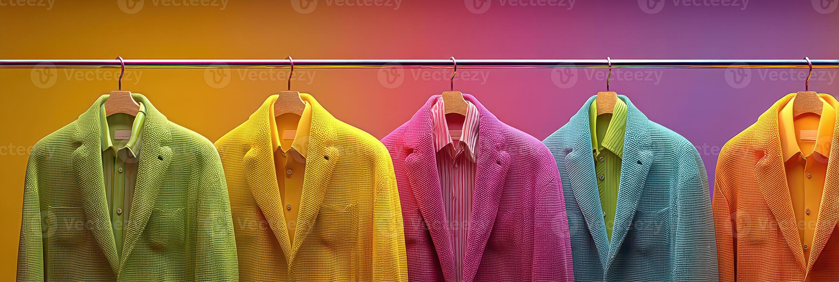 Colorful collection of vibrant jackets displayed on a rack against a gradient background photo