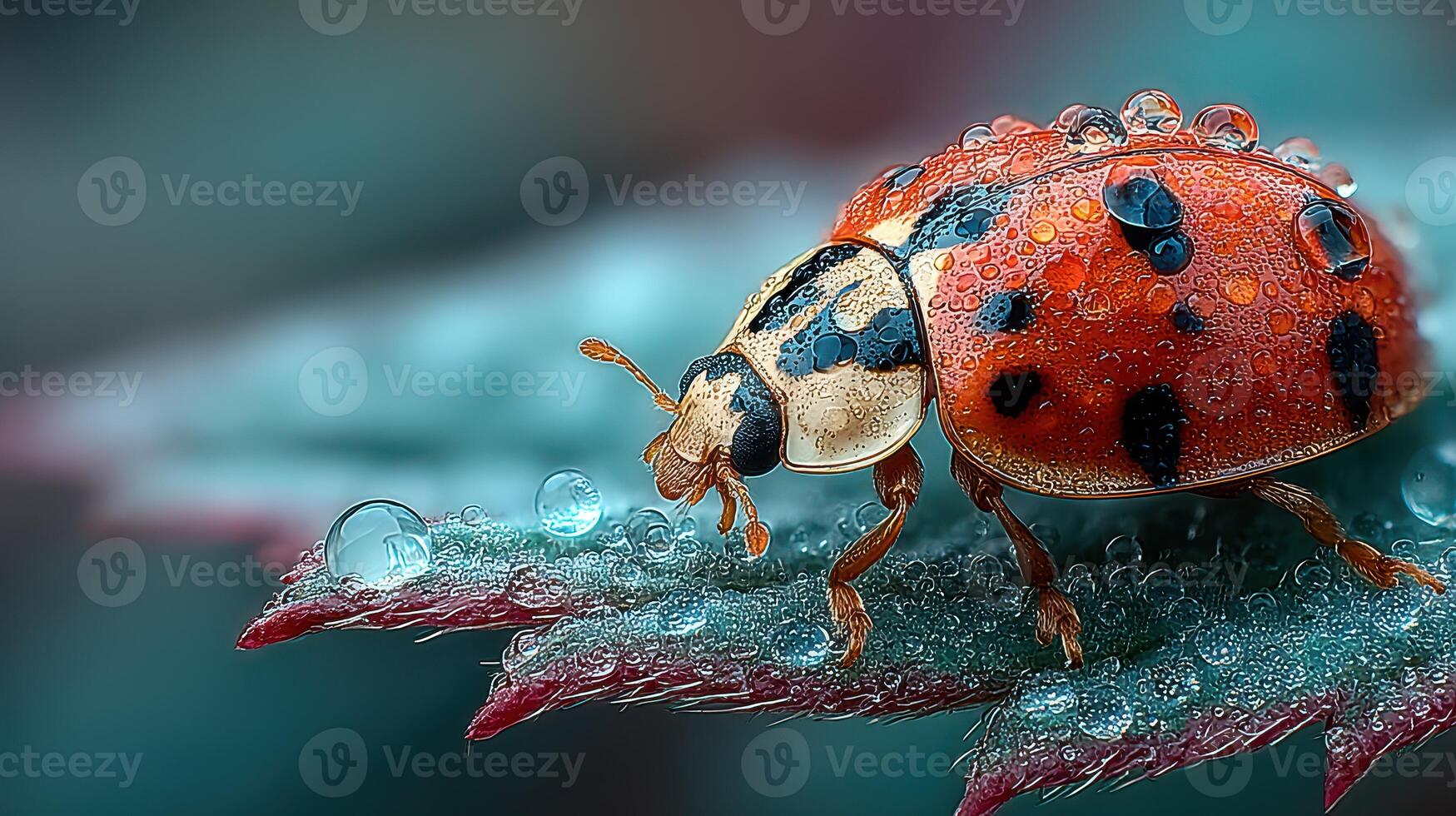 Close-up view of a ladybug on a leaf surrounded by droplets after rain in a natural setting photo