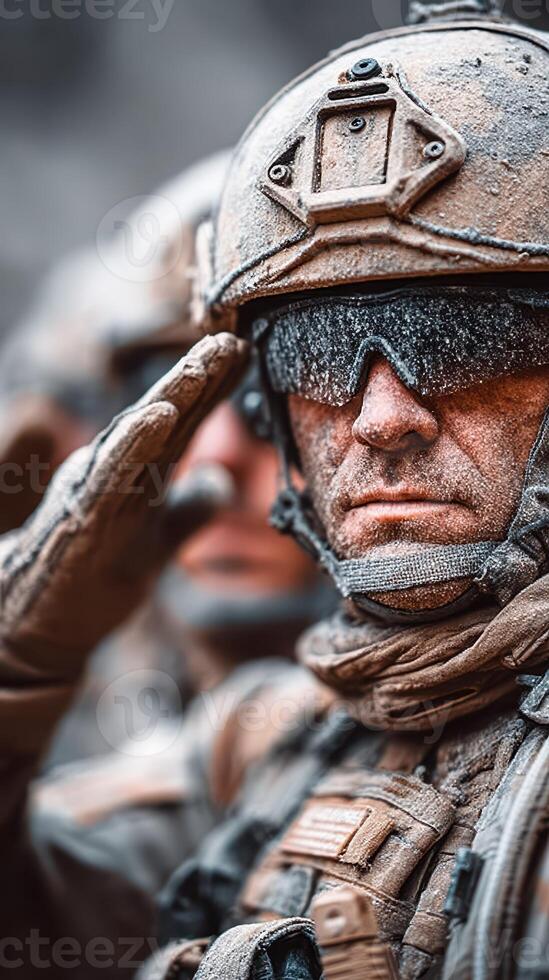 Soldiers in winter gear salute during a training drill in a snowy environment at an undisclosed location in early morning hours photo