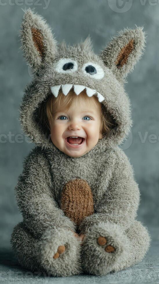 Joyful baby dressed in a fluffy monster costume, smiling against a neutral backdrop indoors photo