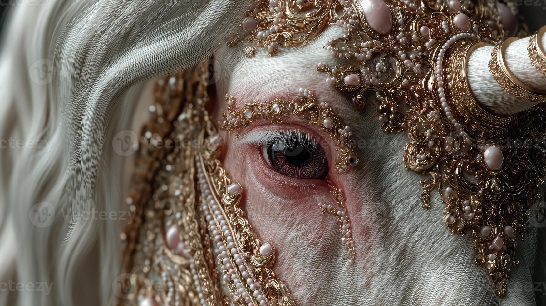 Majestic horse adorned with intricate jewelry showcases elegance during a festival photo