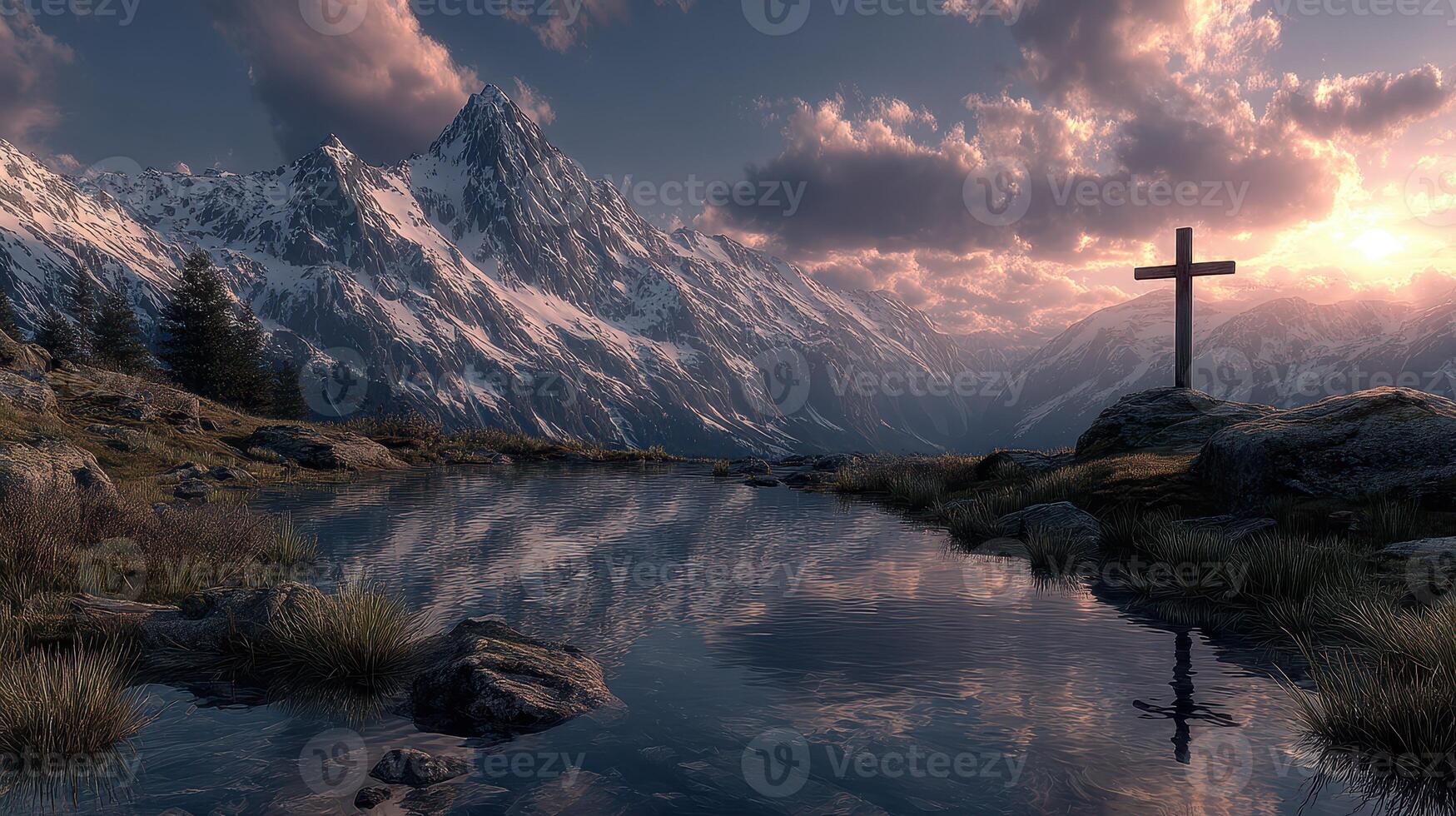 Snow-capped mountains reflect in calm waters at sunset with a cross in the foreground photo