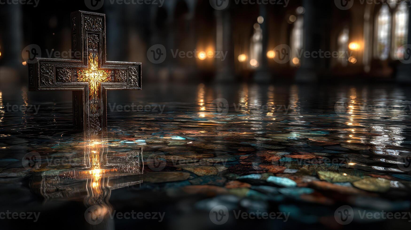 Serene reflective cross in a tranquil setting with ambient lighting during twilight hours photo