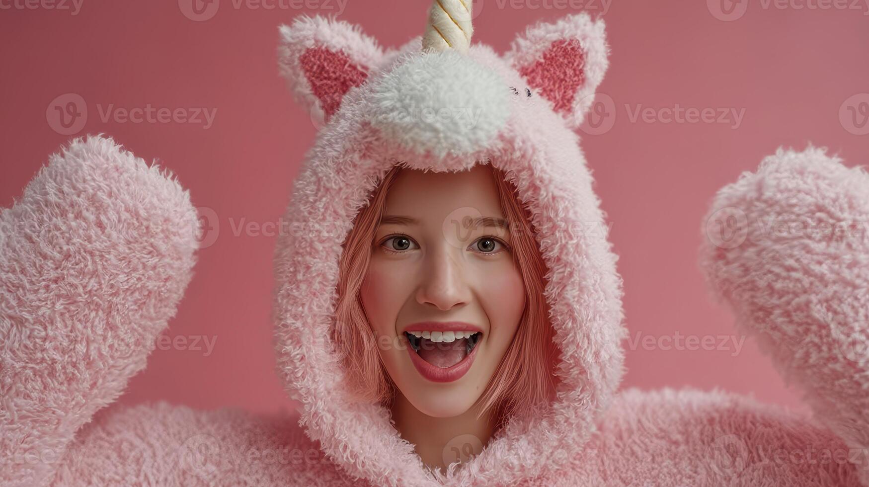 Cheerful girl in a pink unicorn onesie posing against a solid pink background during a playful moment photo