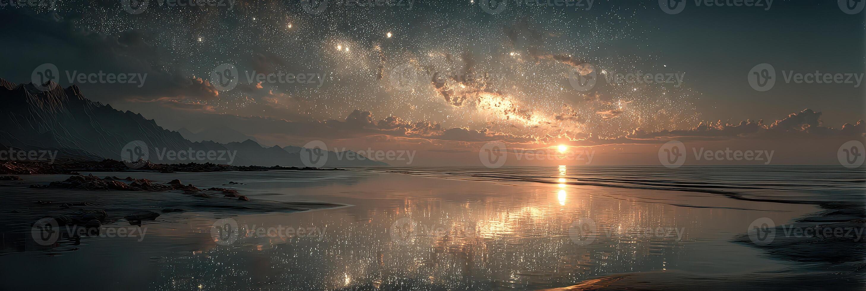 Twilight over calm ocean with shimmering stars and distant mountains reflecting on tranquil waters photo