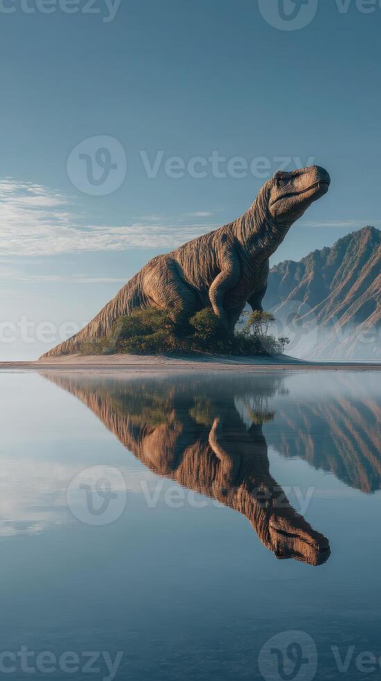 Dinosaur sculpture stands tall amidst calm waters and mountains during a vibrant sunrise photo