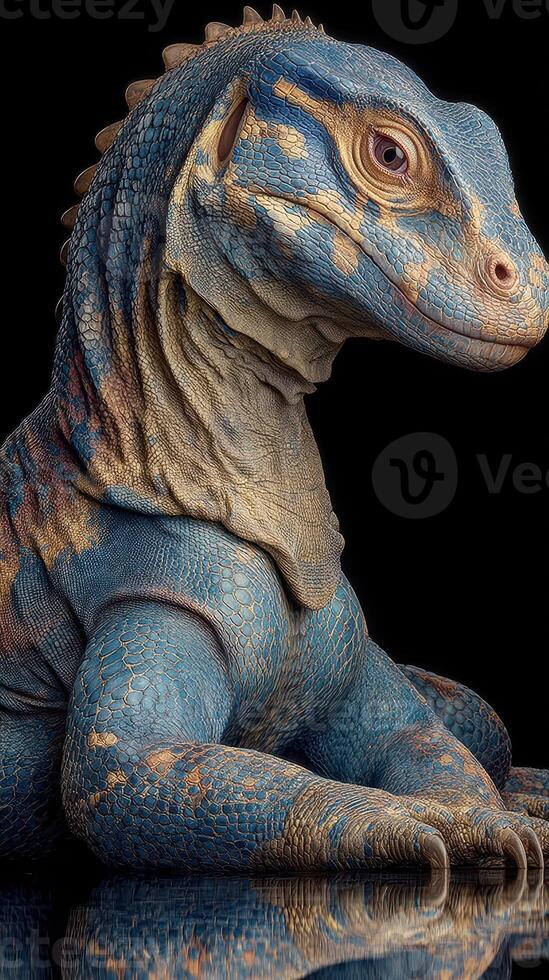 Brightly colored blue lizard-like creature resting on a reflective surface in a dark setting photo