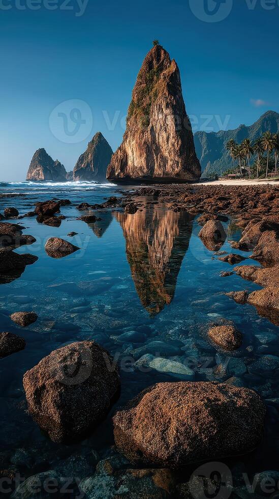 Majestic coastal rocky formations reflecting on still water at sunrise in a serene beach location photo