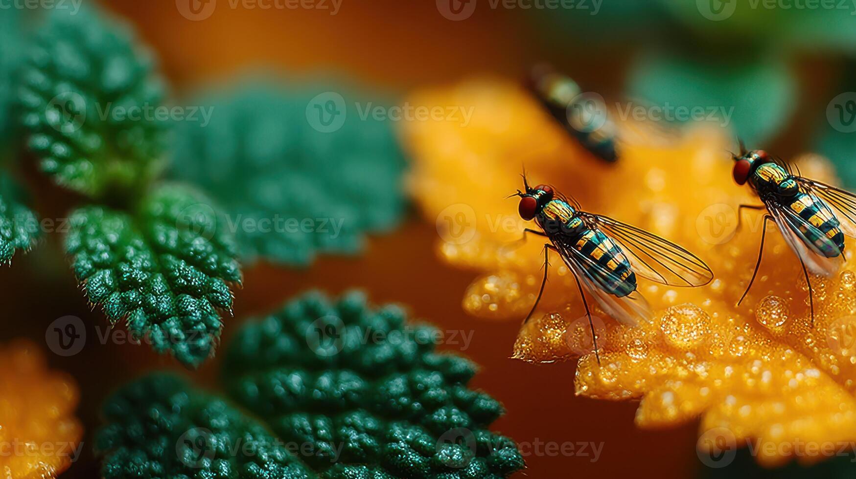 Three insects on a vibrant orange leaf surrounded by green foliage in a lush garden during the daytime photo