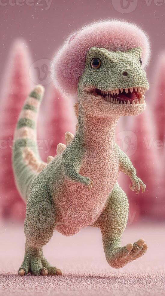 Colorful dinosaur wearing pink hat enjoys a whimsical walk in a fantastical landscape with pastel trees in the background photo
