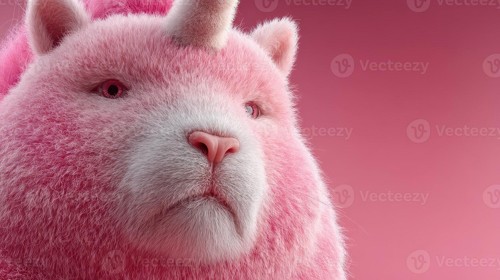 Cute fluffy creature with unicorn horn against a pink background showcasing whimsical charm and vibrant colors photo