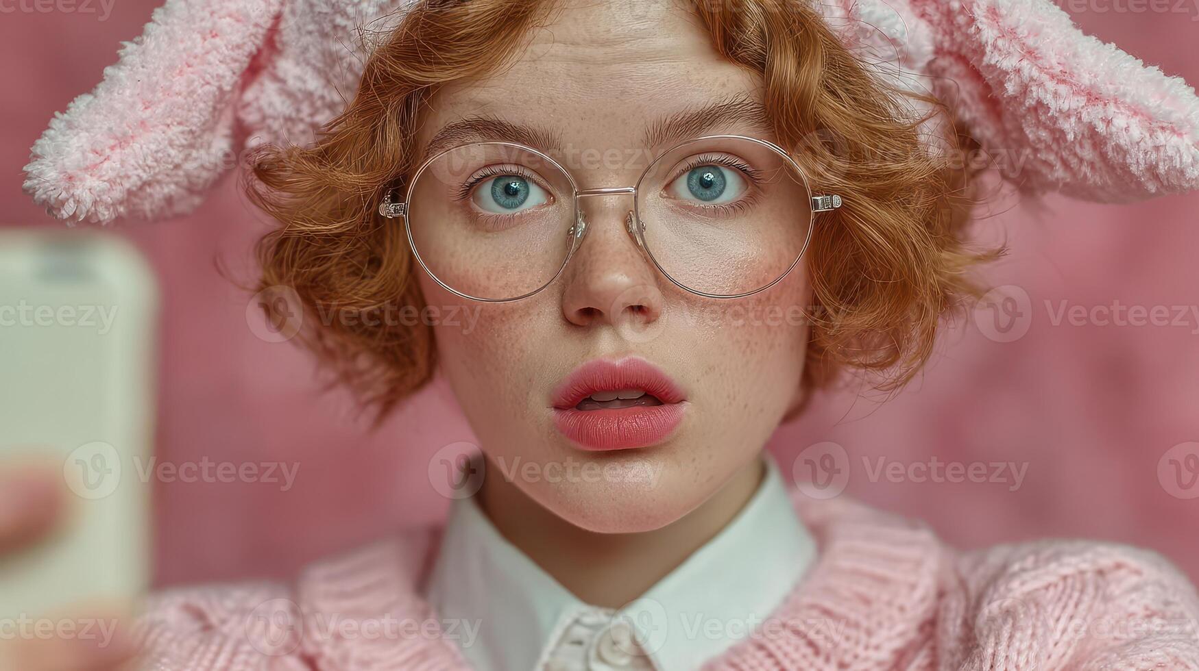Young girl in a pink sweater takes a selfie with bunny ears in a pastel background photo