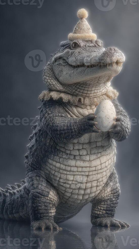 Crocodile character wearing a festive hat holds a speckled egg in a whimsical atmosphere photo